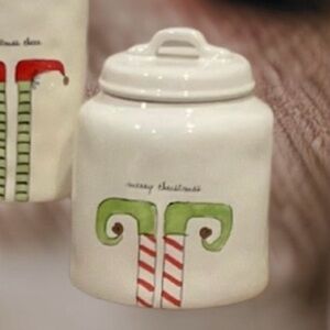 Rae Dunn Elf Feet MEERY CHRISTMAS canister Chubby